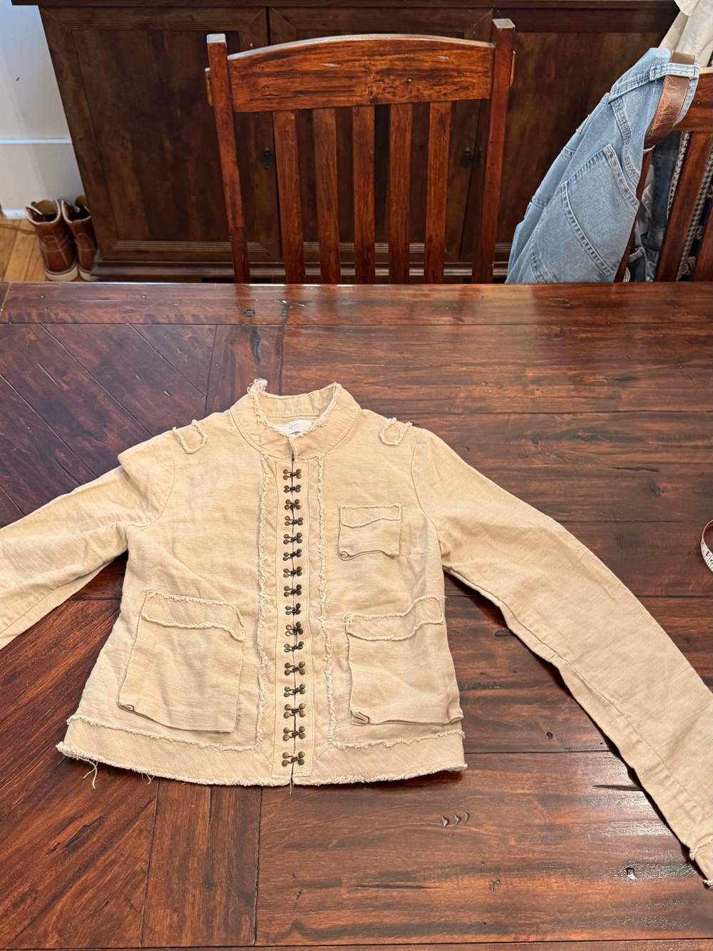 Kids Beige Frayed Hook-Front Jean Jacket